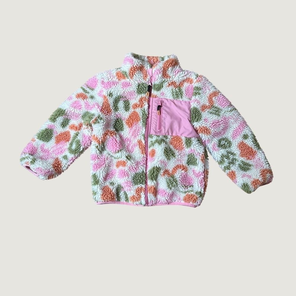 H&M Fleece Jacket Girls Pink Green Abstract Sherpa Full Zip SIZE 6X/7